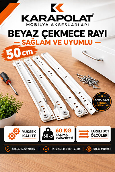 KARAPOLAT Klasik Kızaklı Dolap Çekmece Rayı Beyaz 35-40-45-50 Cm (VİDA DAHİL)