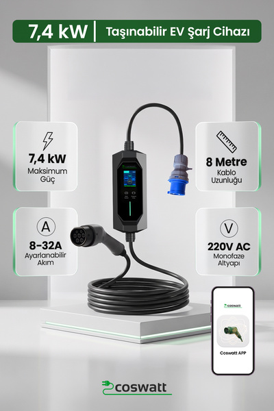 Coswatt Taşınabilir EV Şarj Cihazı CS-P1-32A / 7.4kW / 8m / Türkçe / 220V AC ...