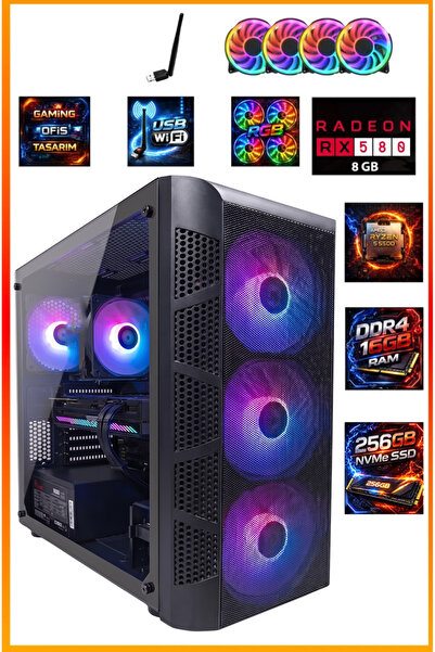 GA Full-Perf Gaming Ryzen 5 5500 + RX580 8GB + 16GB DDR4 RAM 256GB M.2 NVMe SSD Full Tak Çalıştır Masaüstü Oyuncu Bilgisayarı
