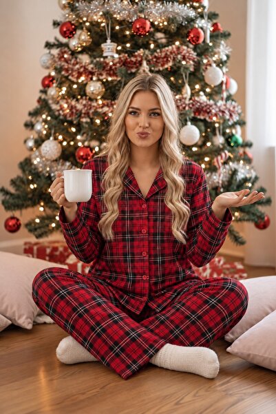 rindahomewear Kadın EKOSE Desenli Süet Örme Uzun Kol Kadın Düğmeli Pijama Takımı