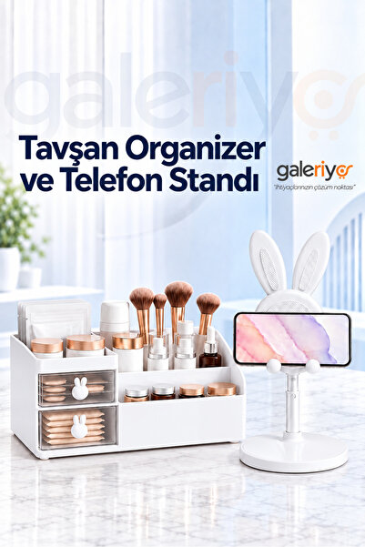 Galeriyo Tavşan Kulplu Makyaj Organizeri & Tavşan Figürlü Telefon Tablet Stan...