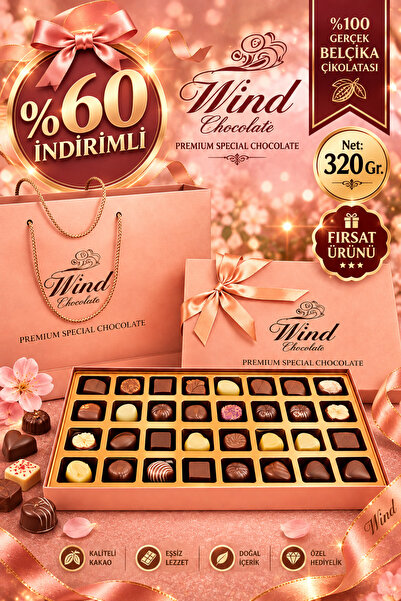 wind çikolata Premium Sipesiyal Hediyelik Belçika Çikolatası - Pudra Renk Kut...