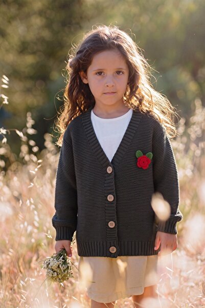 Cigit V-Neck Links Rose Cardigan 2-7 Years Khaki Green