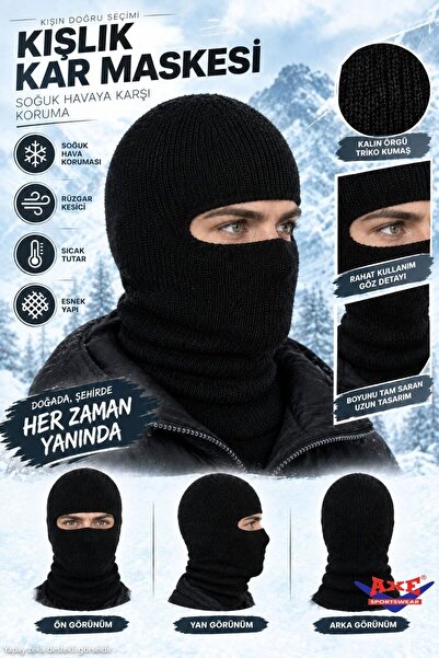AXE SPORTSWEAR Unisex Siyah Kışlık Triko Örme Tek Gözlü Kar Maskesi Balaclava