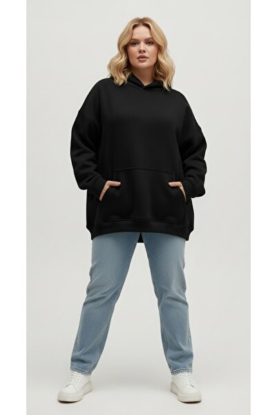 LADY HAZAL Black Hooded Model Oversize Plus Size Regular Fit Unisex Large Siz...