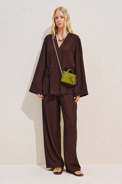 Manuka Textured Tie-Up Kimono Blouse Dark Brown