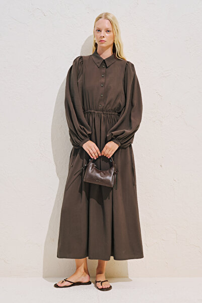 Manuka Draped Waist Adjustable Balloon Sleeve Dress Acikahve