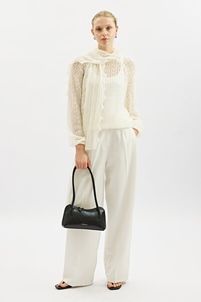 Manuka Lace-Like Knit Sweater with Binding Collar Ecru