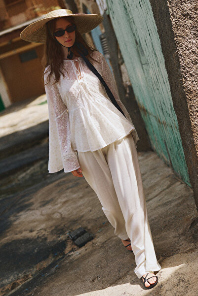 Manuka Linen Blended Pleated Pants Ecru