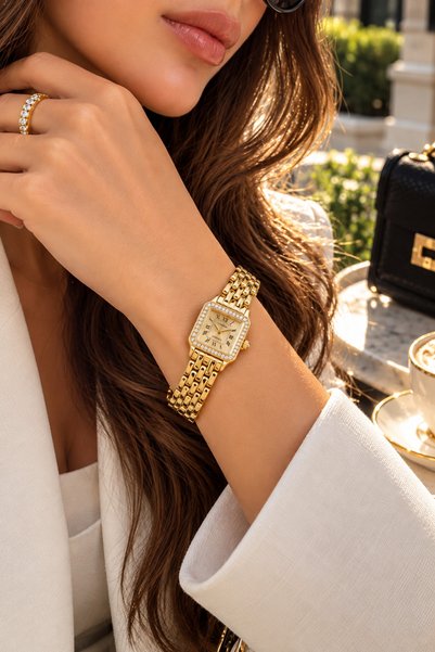COLİESUM Coliseum New Season Women's Wristwatch – Gold Color, Stone-Encrusted Case, Roman Numeral Dial, Stylish Metal Cord