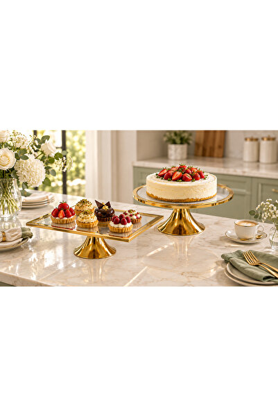 Fiyakalı Ürünler Atölyesi 2 Piece Luxury Rectangular and Round Footed Cake and Pastry Presentation Stand Dowry Holder