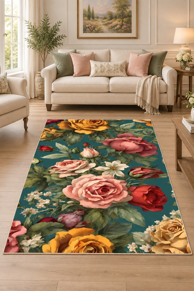on the clouds Vintage Renkli Güller Floral Desen Yıkanabilir Kaymaz Taban Lek...