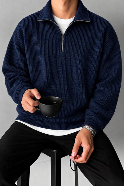 SERABLANKA Men's Oversize Half Zipper Knitwear Sweater