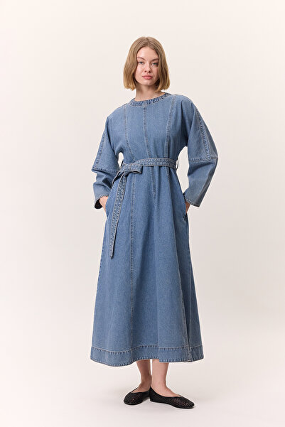 Manuka Denim Dress with Wide Arm Belt Blue