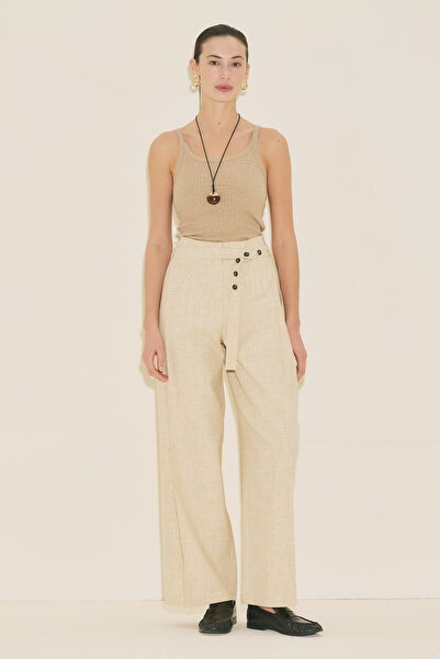 Manuka Wide Pleated Detail Ke Belt Pants Beige
