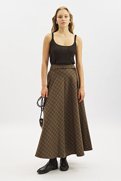 Manuka Plaid Patterned Wide Skirt Brown