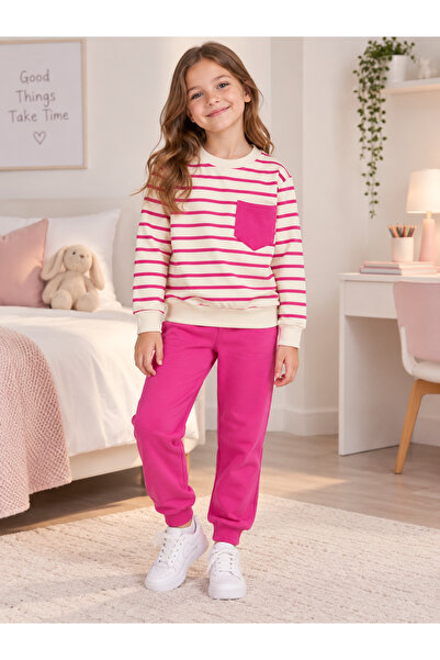 Fil Kids Kız Çocuk Pamuklu Kumaş Bej Renk Pembe Çizgili Desen Uzun Kollu Eşof...