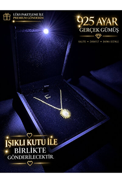 sara silver 14 Ayar Altın Kaplama 925 Ayar Gümüş Güneş Taşlı Kolye Özel Tasar...