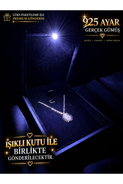sara silver Güneş Figürlü Taşlı 925 Ayar Gümüş Işıklı Kutulu Kadın Kolye Zari...