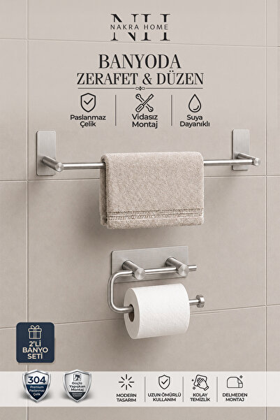 NAKRA HOME 2'li Paslanmaz Çelik Yapışkanlı Havlu Askısı ve Tuvalet Kağıtlığı ...