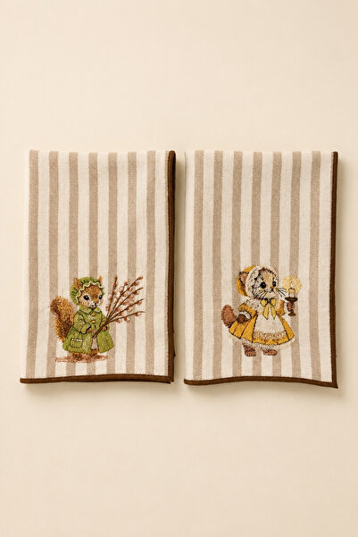 LİONYA DESİGN Vintage Kedi & Sincap Nakışlı Dekoratif El Havlusu İkili Set – ...