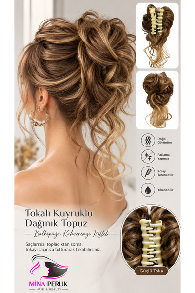 Mina Peruk Tokalı Kuyruklu Dağınık Topuz - Balköpüğü Kahverengi Röfleli / W15...