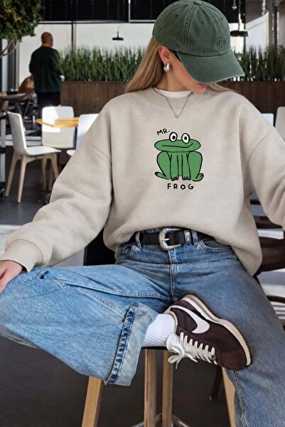 Monila Kadın Premium Kumaş 3 İplik Şardonlu Kurbağa Baskılı Sweatshirt