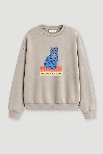 Monila Kadın Premium Kumaş 3 İplik Şardonlu Kedi Baskılı Sweatshirt