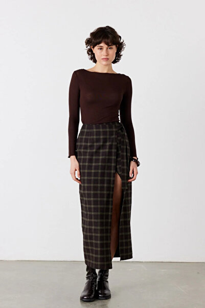 FACETTE Vela Checked Midi Skirt Bitter Brown