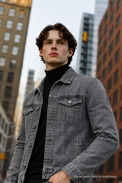 DAMGA JEANS Men's Polo Collar Premium Gray Denim Jacket
