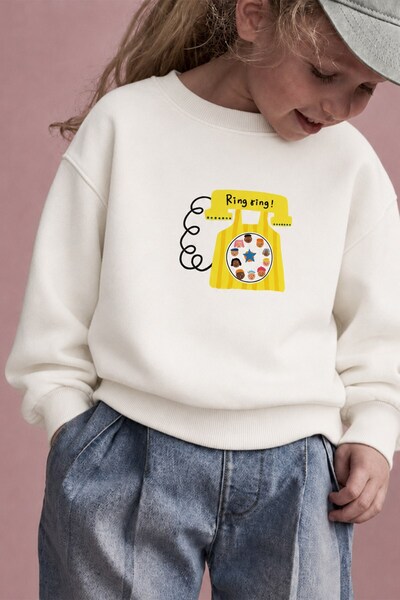 Monila Unisex Çocuk Telefon Baskılı 3 İplik Kumaş Pamuklu Sweatshirt