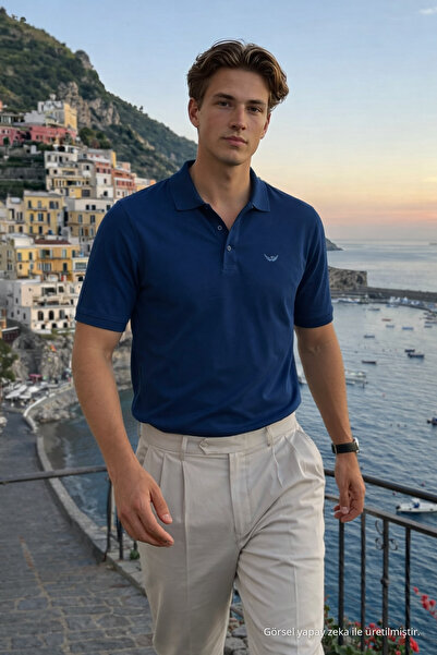 DAMGA JEANS Men's Basic 100% Cotton Blue Polo Neck T-Shirt