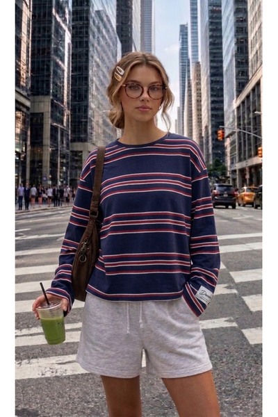 Wishstyling Kadın Çizgili Oversize Uzun Kollu T-shirt Bisiklet Yaka Sweat