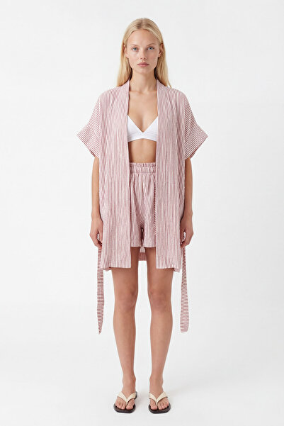 İKİKIZ Crinkle Red Striped Short Kimono