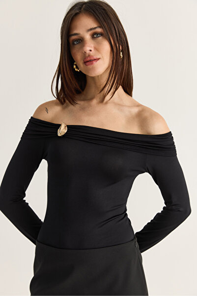 Bianco Lucci Women's Black Madonna Collar Modal Blouse with Gold Accessories ...