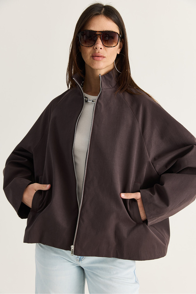 Bianco Lucci Kadın Acı Kahve Oversize Dik Yaka Fermuarlı Reglan Kol A Kesim K...
