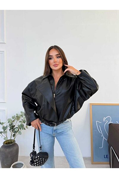 Miss Jachetă de damă supradimensionată, cu fermoar și curea, din piele artificială, tip bomber