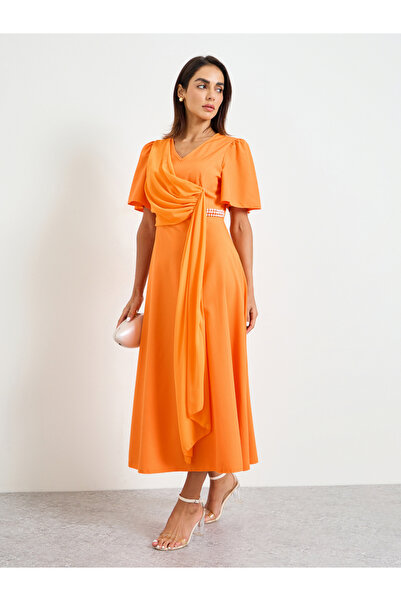 Take Two By Styli Orange Midi A-Line Dress With Short Sleeves
