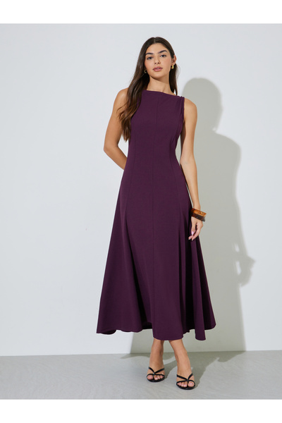 Styli Purple Solid Sleeveless Boat Neck A-Line Maxi Dress