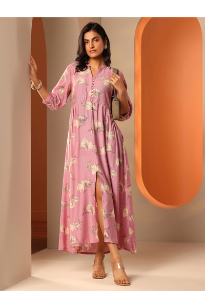 Libas By Styli Pink Silk Blend Fit And Flare Dress