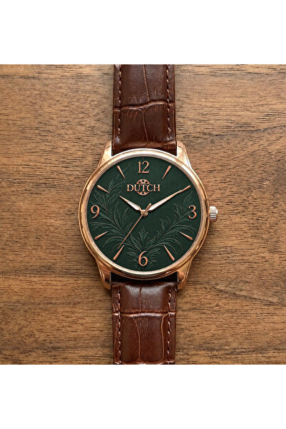 DUTCH STORE Men's Wristwatch - Dark Green Dial with Botanical Detailing, Rose...