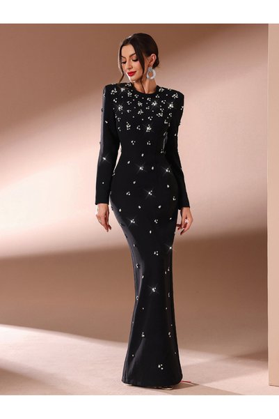 Take Two By Styli Round Neck Rhinestone Embellished Maxi Dress
