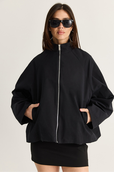 Bianco Lucci Women's Black Oversize High Collar Zippered Raglan Sleeve A-Line...