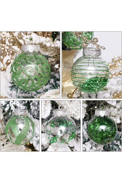 Generic Clear Glass Christmas Tree Ornaments, 24 Pack Green Shatterproof Baubles, 6cm Decorative Balls with Glitter Swirls, Pearl Beads, Tinsel for Holiday Decor