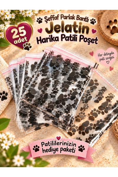 LOOL PREMİUM PATİLİ POŞET PATİ BASKILI KALİTELİ ŞEFFAF BANTLI PARLAK JELATİN ...