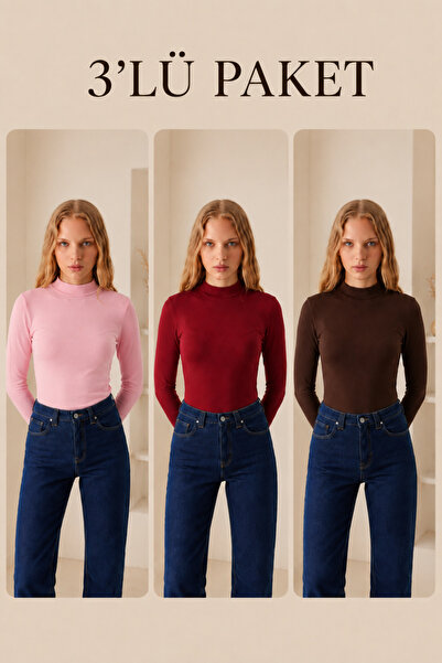 COMBİNE MİCHAİL Women's Half Turtleneck Basic 3-Piece Blouse