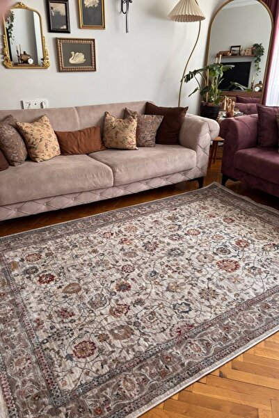 VOPTEKS Bej Vintage Dokuma Taban Halı Salon Halısı Kolay Temizlenebilir Halı