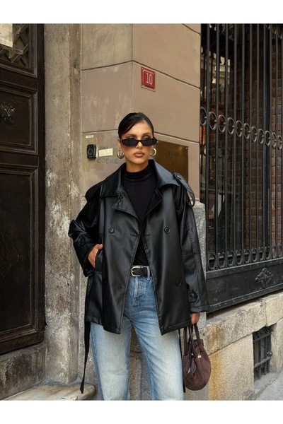Ekim Store Araboy Leather Belted Buttoned Trench Coat