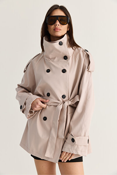 Bianco Lucci Women's Beige Epaulettes, High Collar, Belted, Pocket Detailed, ...