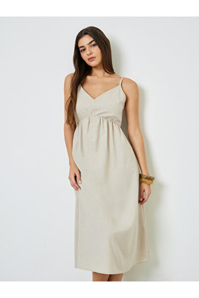 Take Two By Styli Beige Solid Strappy A-Line Midi Dress